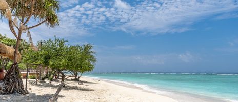 Weißer Sandstrand mit Palmen und türkisfarbenem Meer auf Gili Trawangan, Indonesien