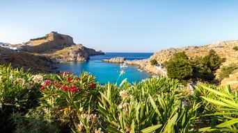 Blick über eine wilde Blumenpracht auf die felsige Bucht von Lindos auf Rhodos in Griechenland mit Booten aufs Meer